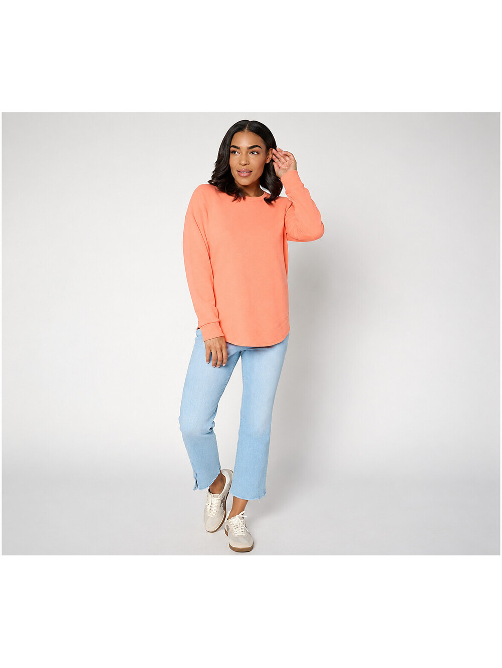 Belle Body by Kim Gravel Sponge Fleece Smile Hem Sweatshirt Orange Sorbet, Small